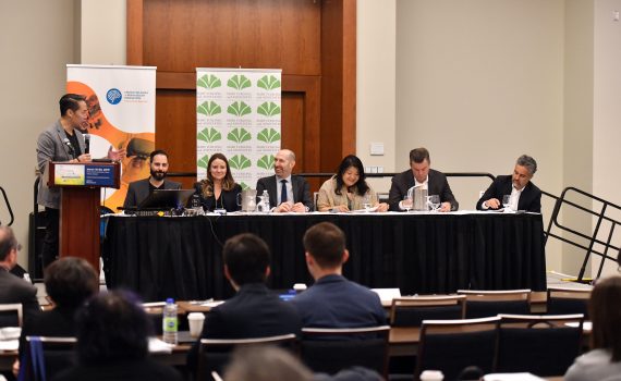 What's Next Canada Pitch Competition judges panel (L-R): Richard Lui, Lanny Geffen, Alexandra Stewart, Dr. Marc Rothman, Ginna Baik, John Hopper, Bruce Croxon.