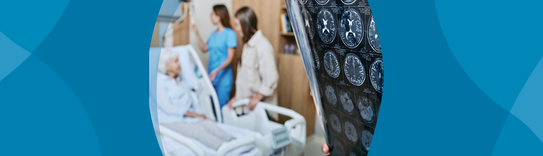 A doctor looks at a brain scan. In the foreground, a patient is surrounded by a family member and a nurse.