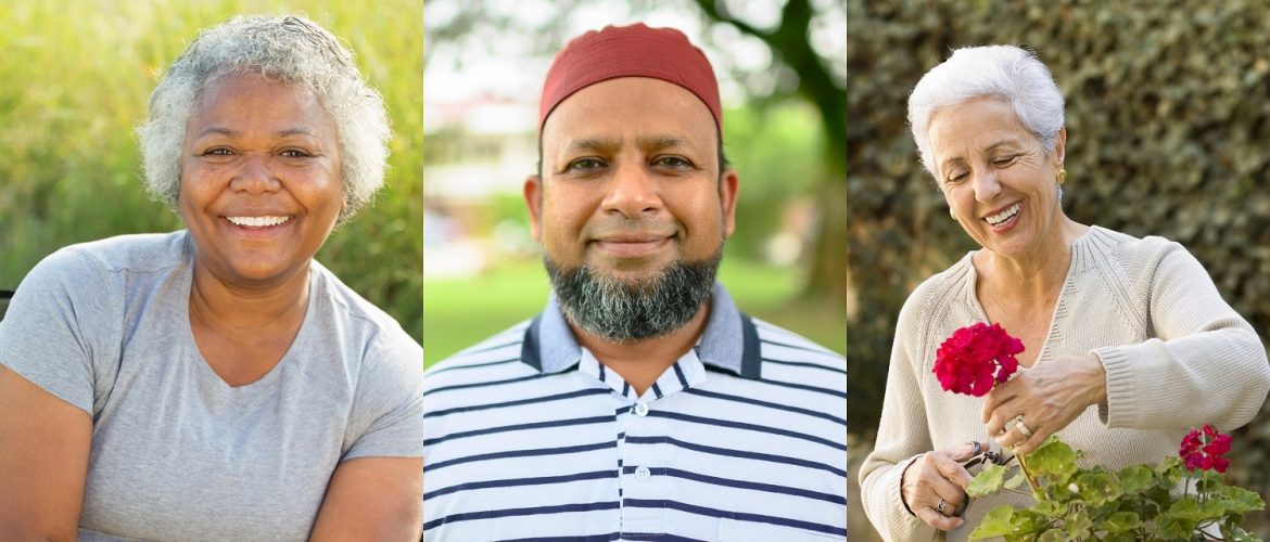 three older adults from different ethnic backgrounds standing side by side.