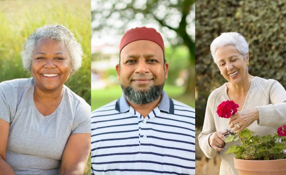 three older adults from different ethnic backgrounds standing side by side.