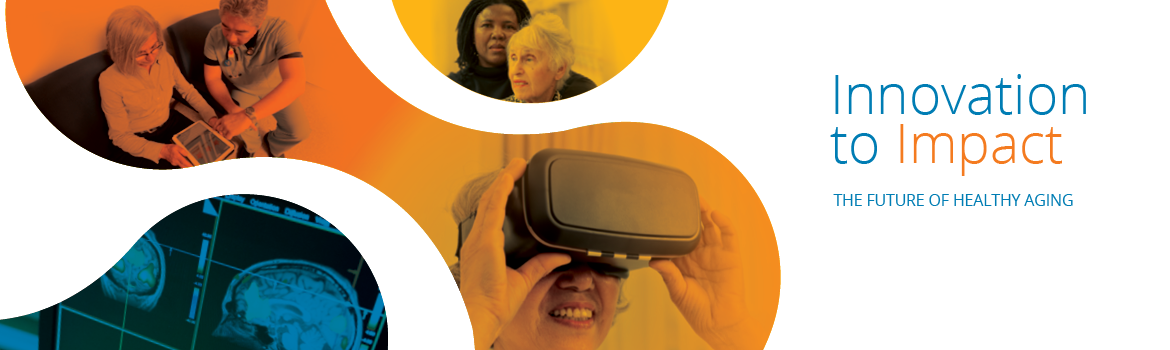 Images of Seniors interacting with technology and a brain scan image