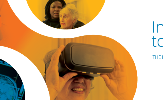 Images of Seniors interacting with technology and a brain scan image