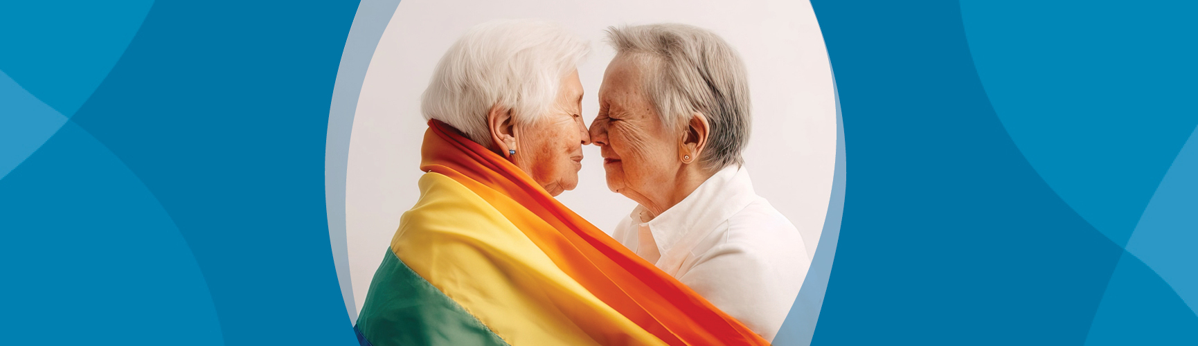 Two older women face-to-face with noses touching. One woman is draped in a rainbow flag.