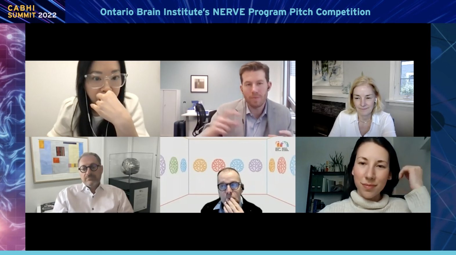 Ontario Brain Institute NERVE Program Pitch Competition judging panel.