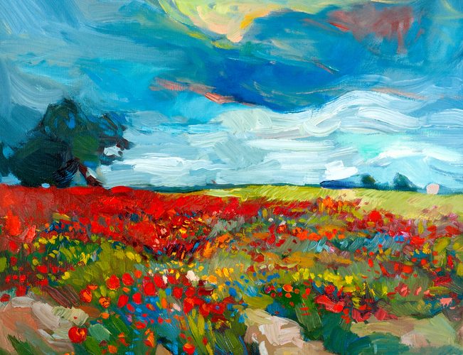 Original oil painting of fields of flowers on canvas