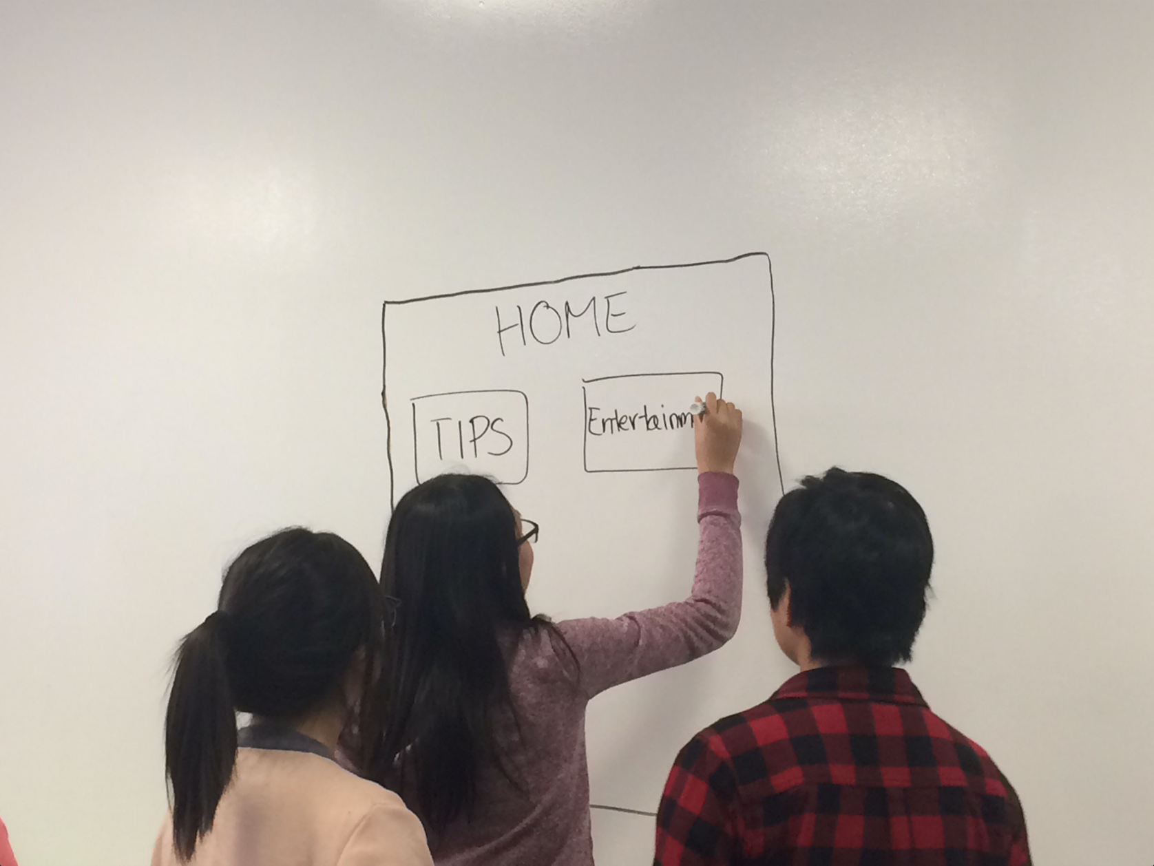 Students draw on the white board during a CABHI-hosted workshop to brainstorm innovations.