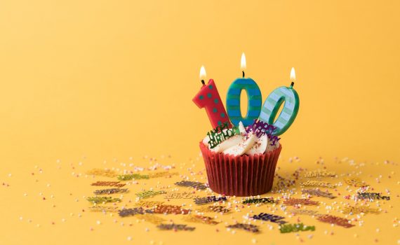 A cupcake with birthday candles spelling out 100.